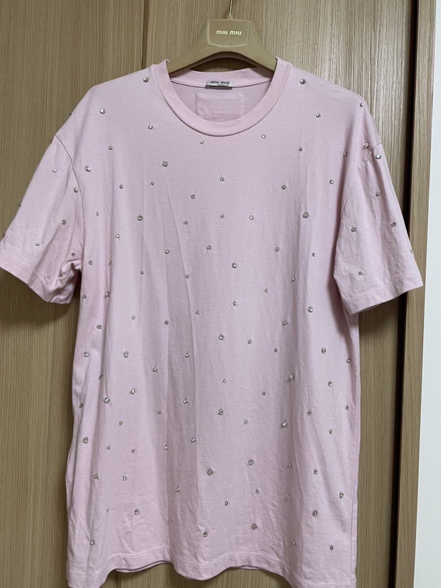 ベストセラー miumiu☆ミュウミュウ ロゴ刺繍ビジューTシャツ