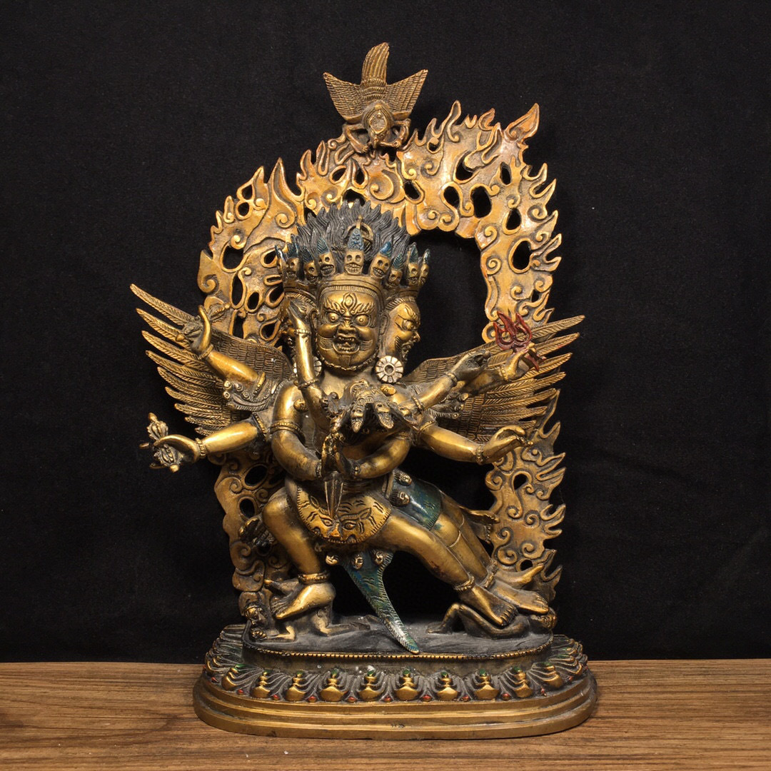 【古寶奇蔵】銅製・彩繪・金鍍・三面雙身普巴金剛像・置物・賞物・中国時代美術