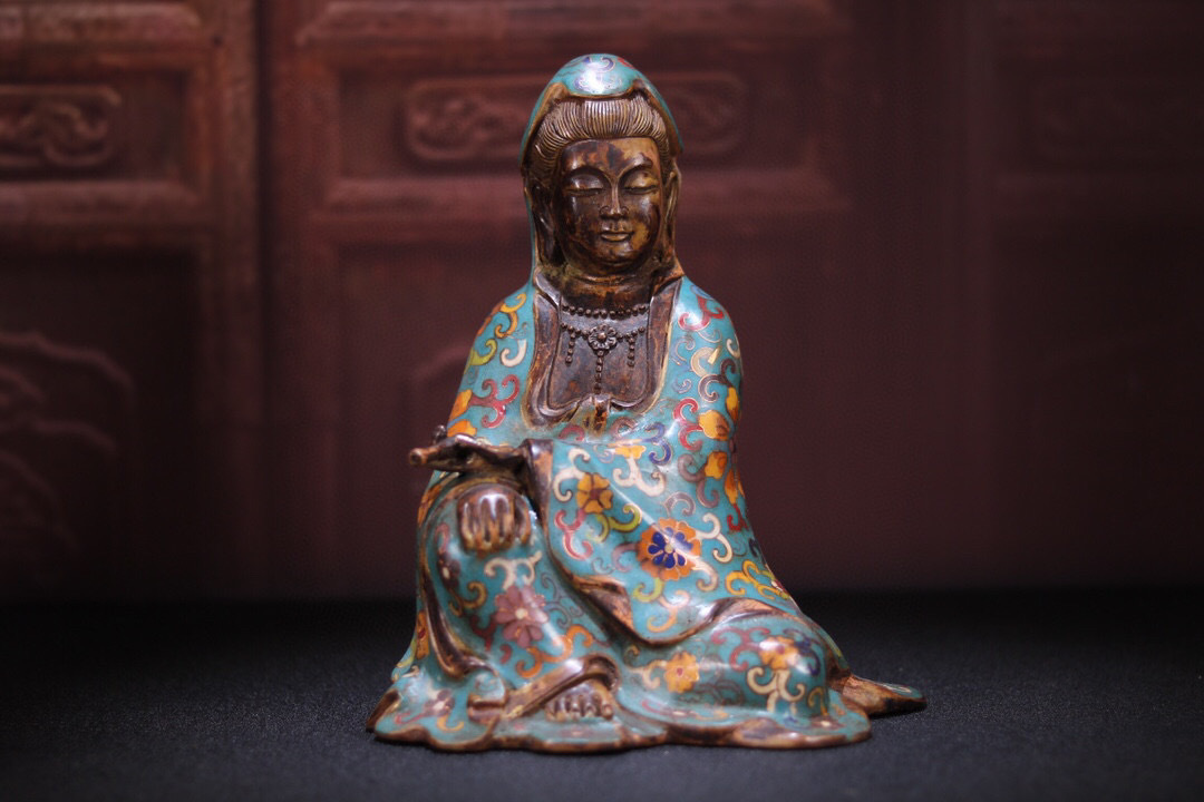 【古寶奇蔵】銅製・景泰藍・琺瑯彩・自在觀音像・置物・賞物・中国時代美術