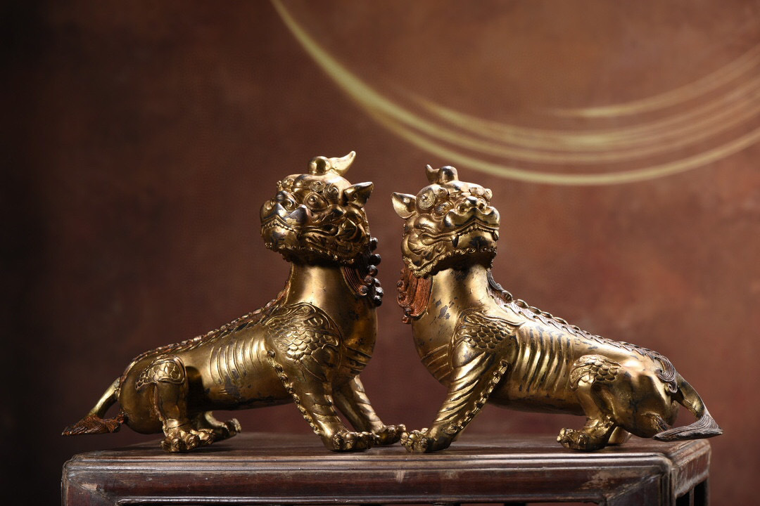【古寶奇蔵】銅製・塗金・貔貅一對・置物・賞物・中国時代美術