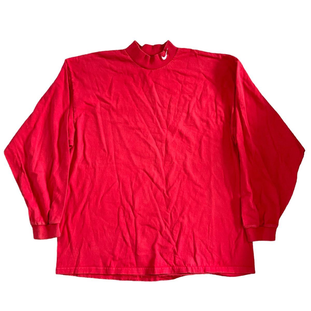 90s USA製 NIKE XL レッド ハイネック スウォッシュ ロゴ 刺繍 Tシャツ 長袖 ロンT ナイキ ヴィンテージ_画像1