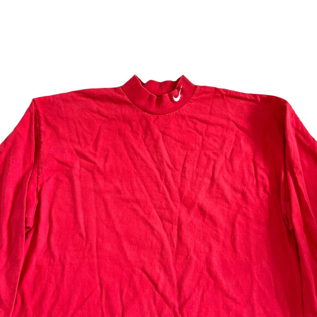 90s USA製 NIKE XL レッド ハイネック スウォッシュ ロゴ 刺繍 Tシャツ 長袖 ロンT ナイキ ヴィンテージ_画像2