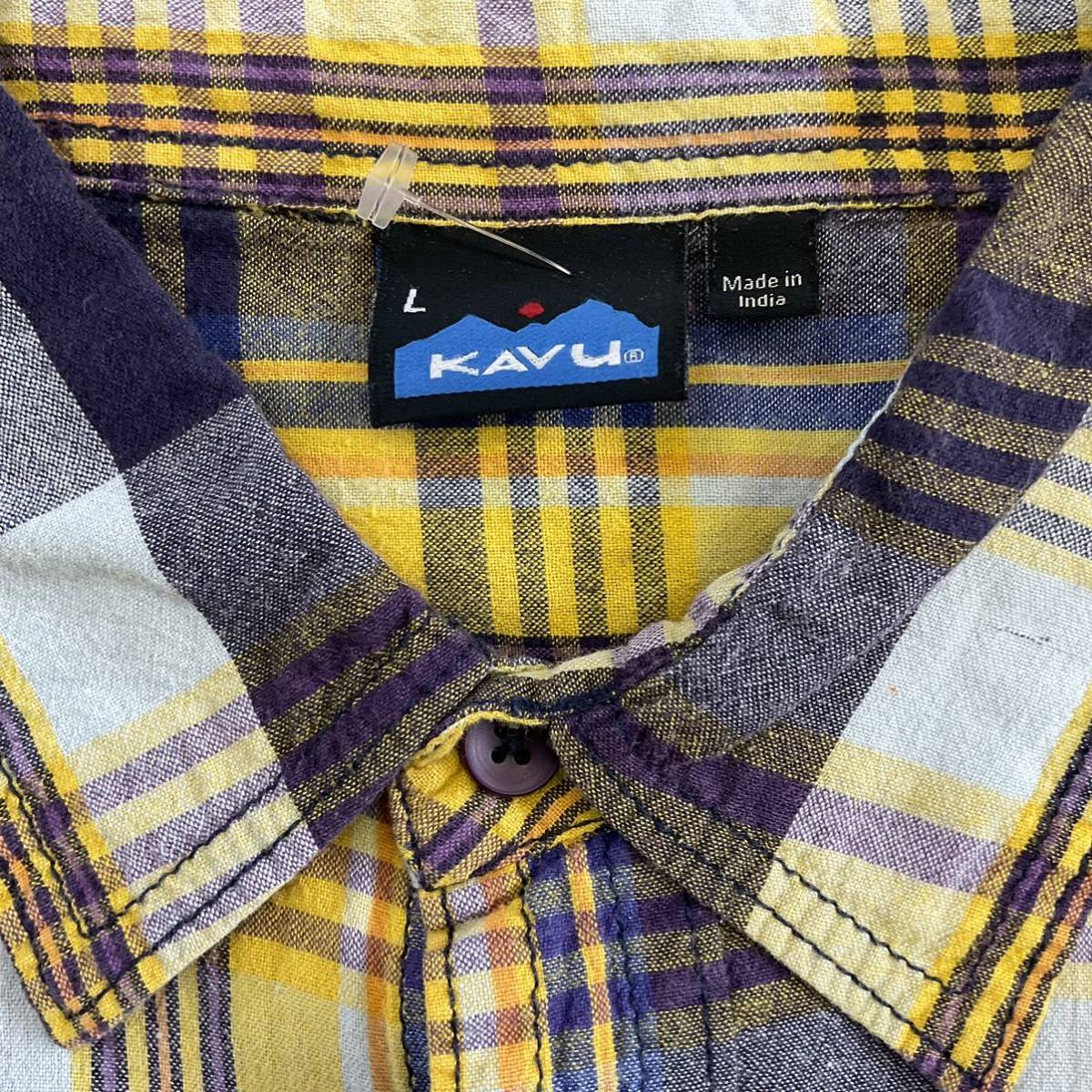 KAVU チェック柄 半袖 ボタンシャツ L イエロー×パープル チェック チェックシャツ シャツ アウトドア カブー_画像4