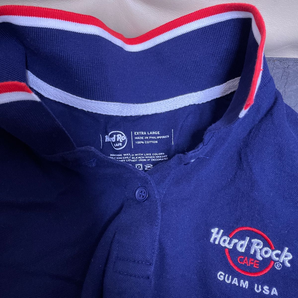 美品 Hard Rock CAFE GUAM USA ハードロックカフェ グアム アメリカ ロゴ刺繍 ネイビー 鹿の子 ポロシャツ