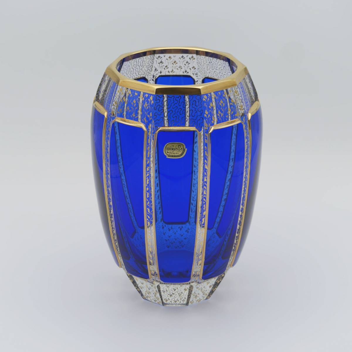 ボヘミアン ブルーパネルガラス金彩花瓶 Blue Panel Glass Vase with