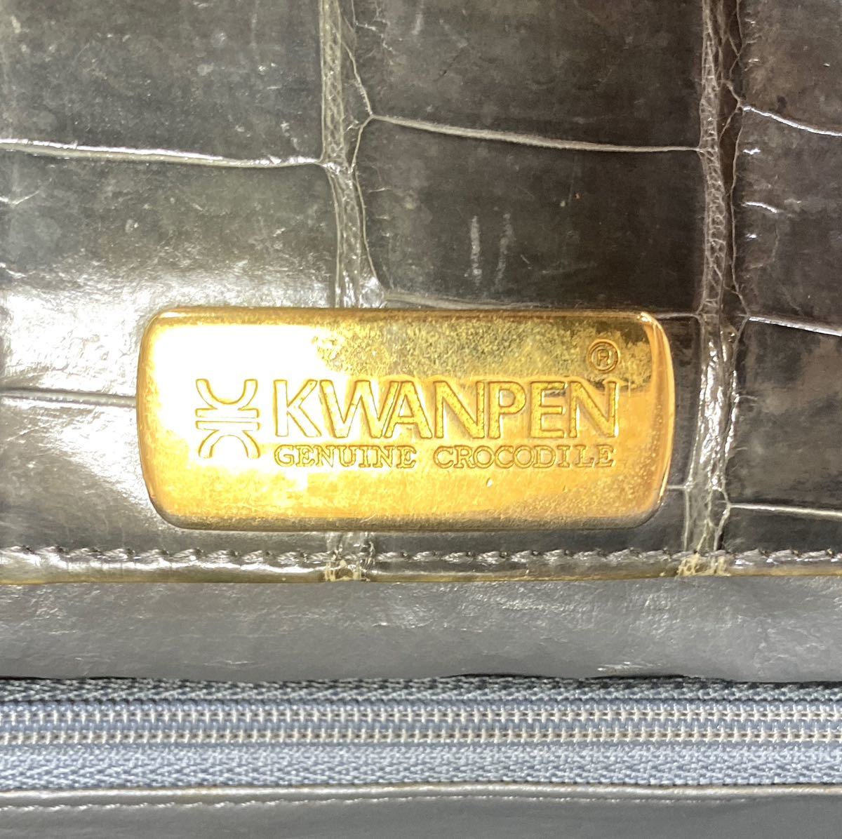 KWANPEN クワンペン 最高級 クロコダイル 本革 ゴールド金具 レザー カーキグレー フォーマル ハンドバッグ トート