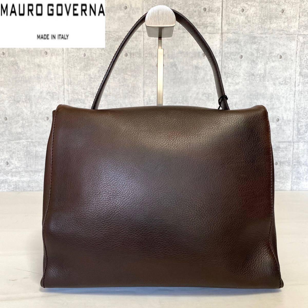 MAURO GOVERNA】チョコブラウン レザー シルバー金具 ハンドバッグ-