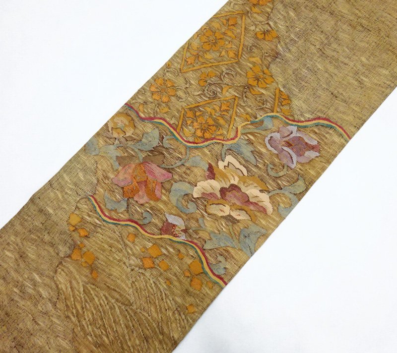 【日本橋つつ井】=正絹　袋帯　すくい織　お太鼓柄　光を抑えた金色　訪問着や付け下げ、色無地のお着物に合います　中古美品