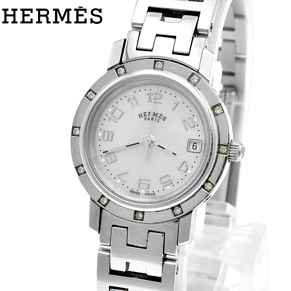 HERMES エルメス クリッパーナクレ 12Pダイヤ CL4.230 ピンクシェル文字盤QZ クォーツ レディース腕時計 シルバー