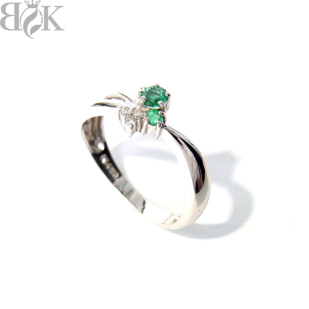 美品 K14WG デザインリング 指輪 メレダイヤ 緑石 ホワイトゴールド 約11.5号 総重量約1.8g 超音波洗浄済み 〓