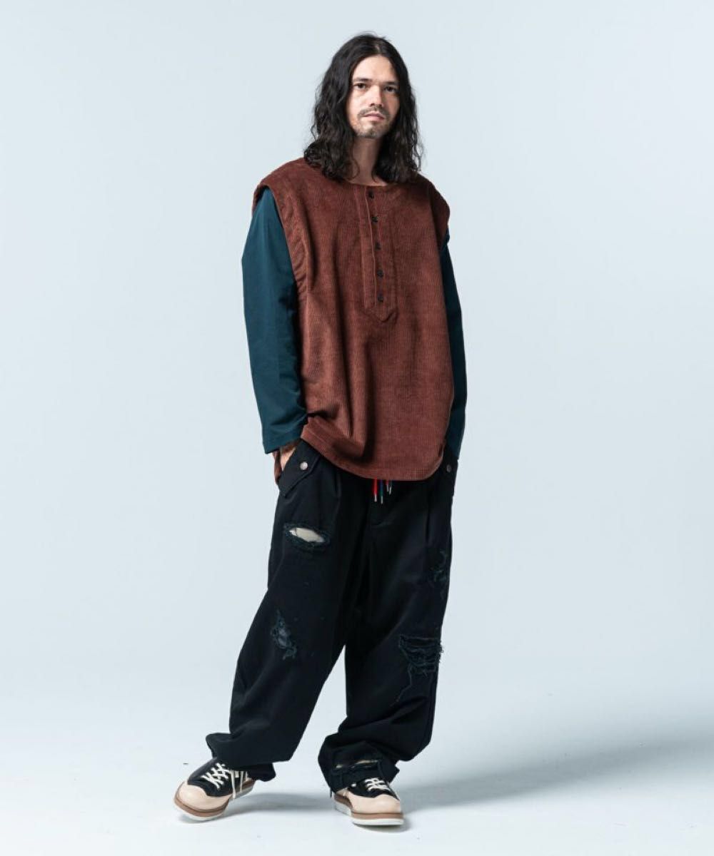 新品/Mサイズ/グラム glamb/グランジ系 ダメージドワイドパンツ/黒 ブラック/クラッシュ加工 バギーパンツ/②/W83cm