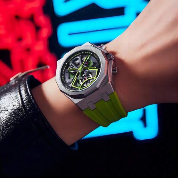 腕時計 メンズ クォーツ 1個 男性 グリーン シリコーン ストラップ ファッショナブル クロノグラフ ラインストーンデコレーショ