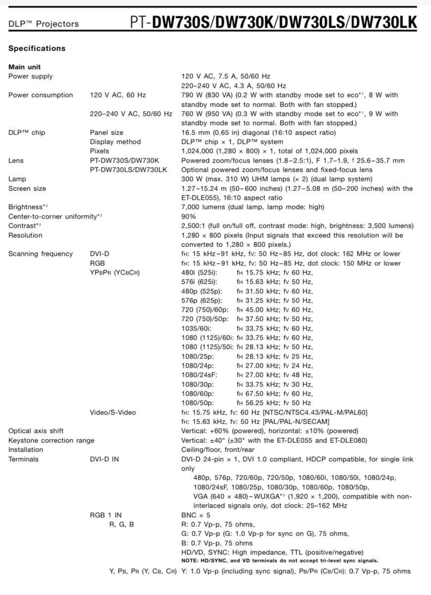 Panasonic PT-DW730K 高輝度 7000ルーメン 投写画面サイズ50-600型 日本製　ランプ新品_画像9