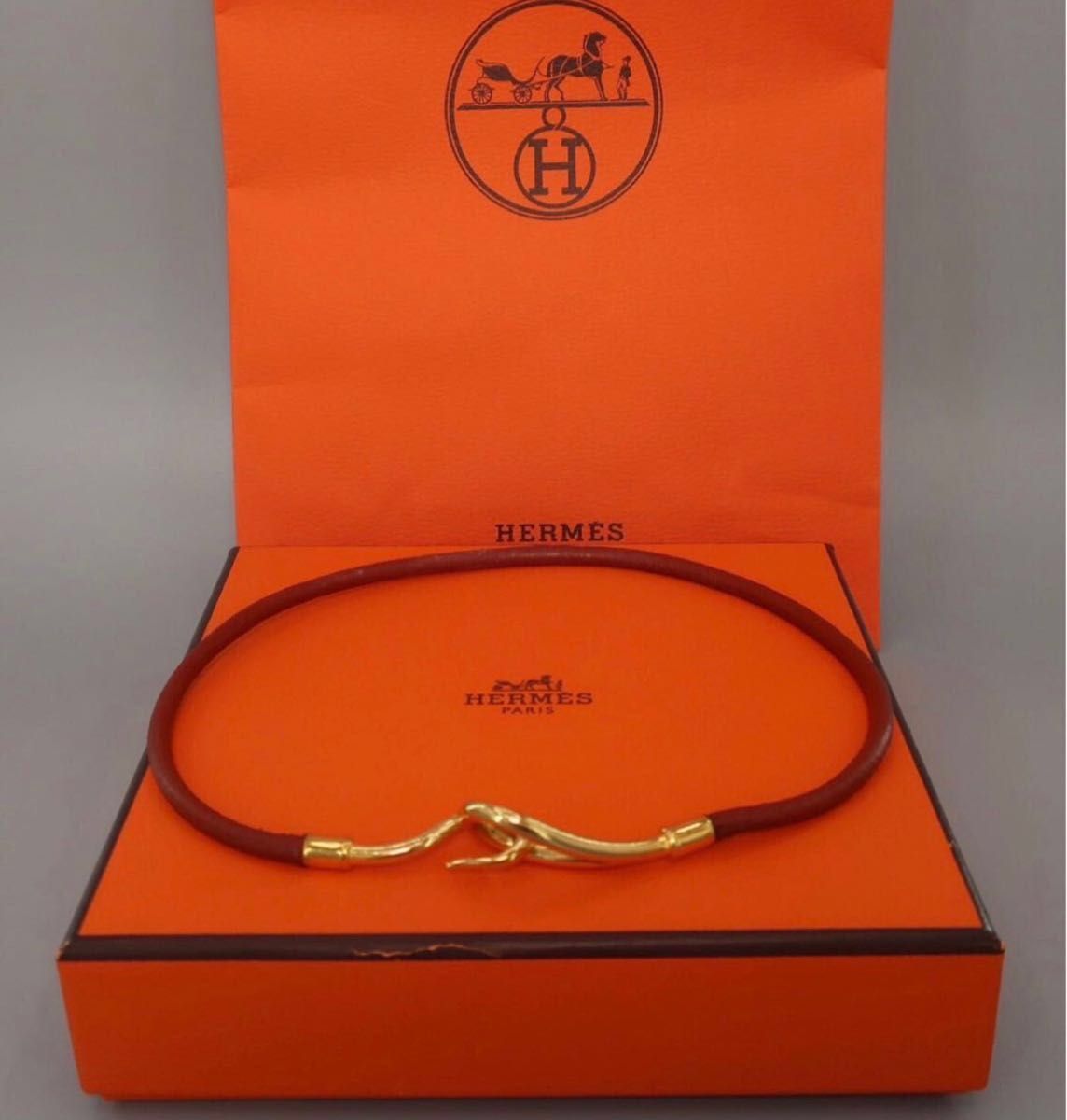 HERMES エルメス ジャンボチョーカー ジャンボブレス ブレスレット レザー ブラウン 茶 メタル ゴールド金具　NO2