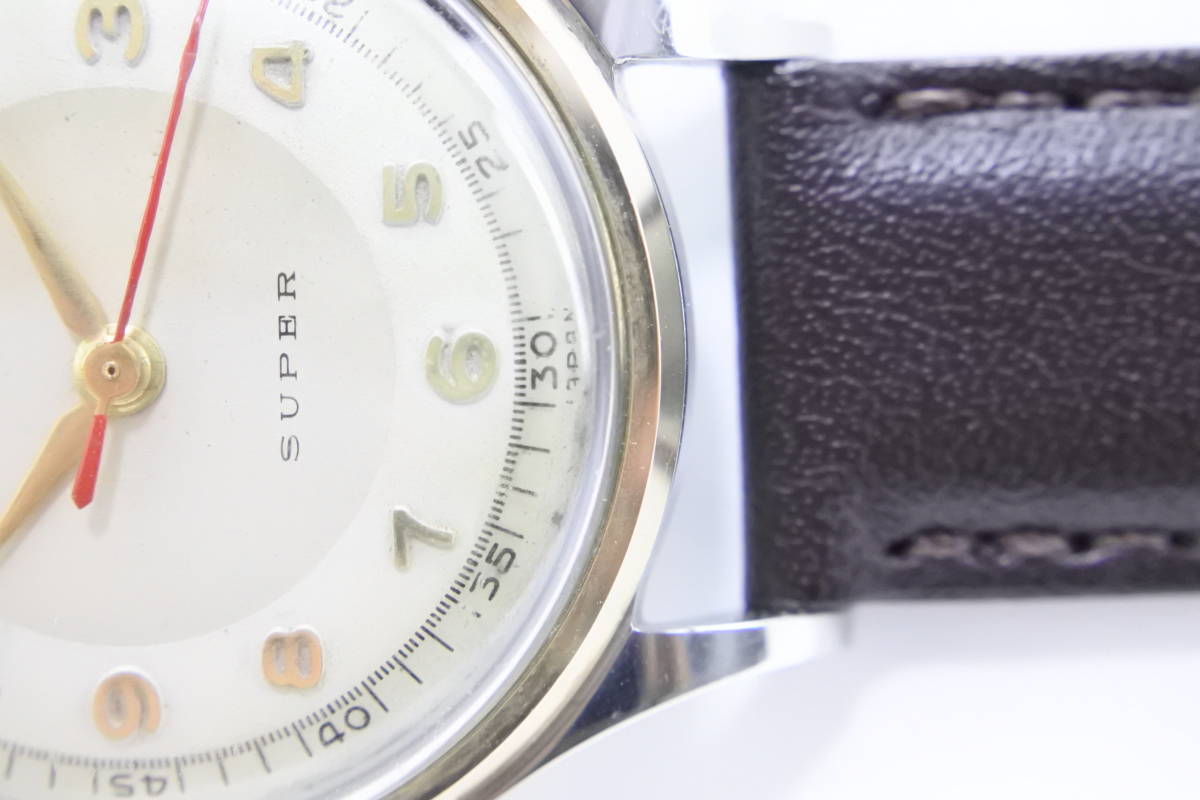 ☆セイコー初本中三針 1956年製 SEIKO SUPER Sマーク 鶴印 オール数字文字盤 手巻紳士腕時計 4KGF BEZEL 純正SEIKOベルト逸品の画像4