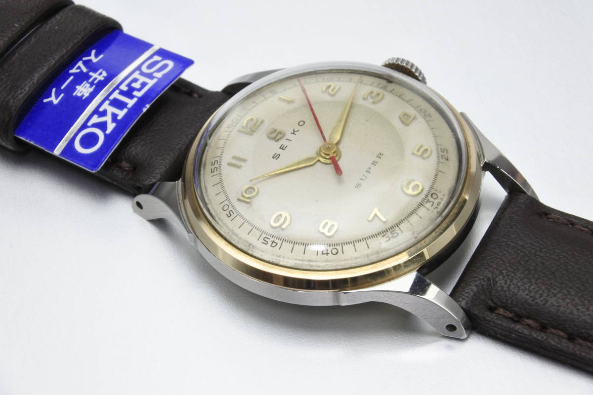 ☆セイコー初本中三針 1956年製 SEIKO SUPER Sマーク 鶴印 オール数字文字盤 手巻紳士腕時計 4KGF BEZEL 純正SEIKOベルト逸品の画像7