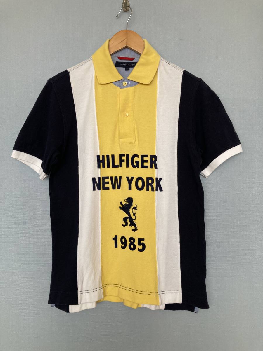 ★TOMMY HILFIGER トミーヒルフィガー 半袖ポロシャツ S 半袖シャツ 鹿の子 NEW YORK 1985 ネイビー イエロー ホワイト_画像1