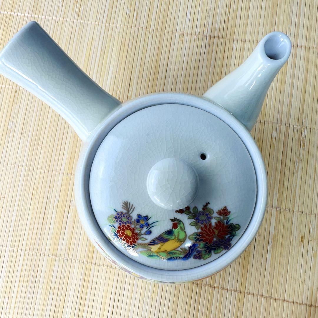 【美品】九谷焼 『煎茶揃』横手型急須＆湯呑み5客セット 花鳥図　クタニ 急須 湯呑み 煎茶揃 陶芸 陶器 伝統 和 日本 昭和レトロ 茶_画像3