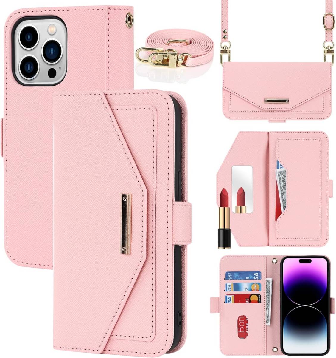 ピンク 手帳型 高品質 PU ミラー付 肩 首 斜め ショルダー iPhone15 Pro Max 全面保護 財布型 スタンド機能 カード収納 ケース カバー_画像2