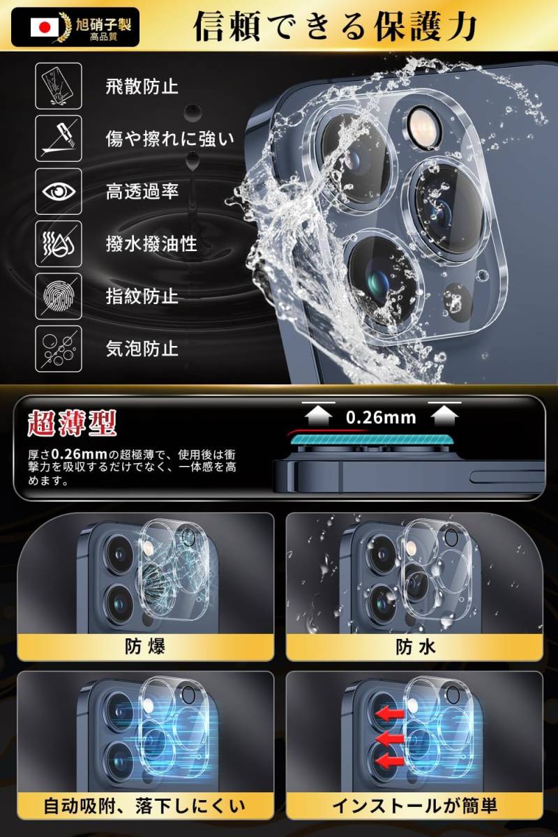 日本旭硝子製 各2枚セット iPhone 15 Pro Max 画面 / カメラ ガラス フィルム カバー ガイド枠付き 9H硬度 高透過率 自動吸着 貼り付け簡単_画像7