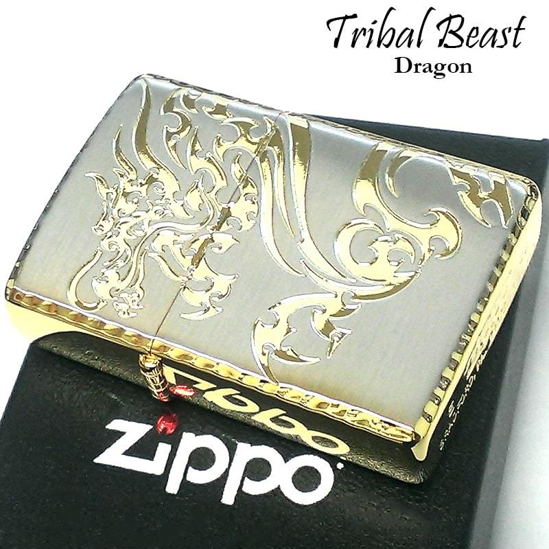 ZIPPO ライター 龍 トライバルビースト ジッポ ドラゴン かっこいい 和柄 リューター加工 ゴールド おしゃれ 彫刻 金差し 両面加工 メンズ_画像2