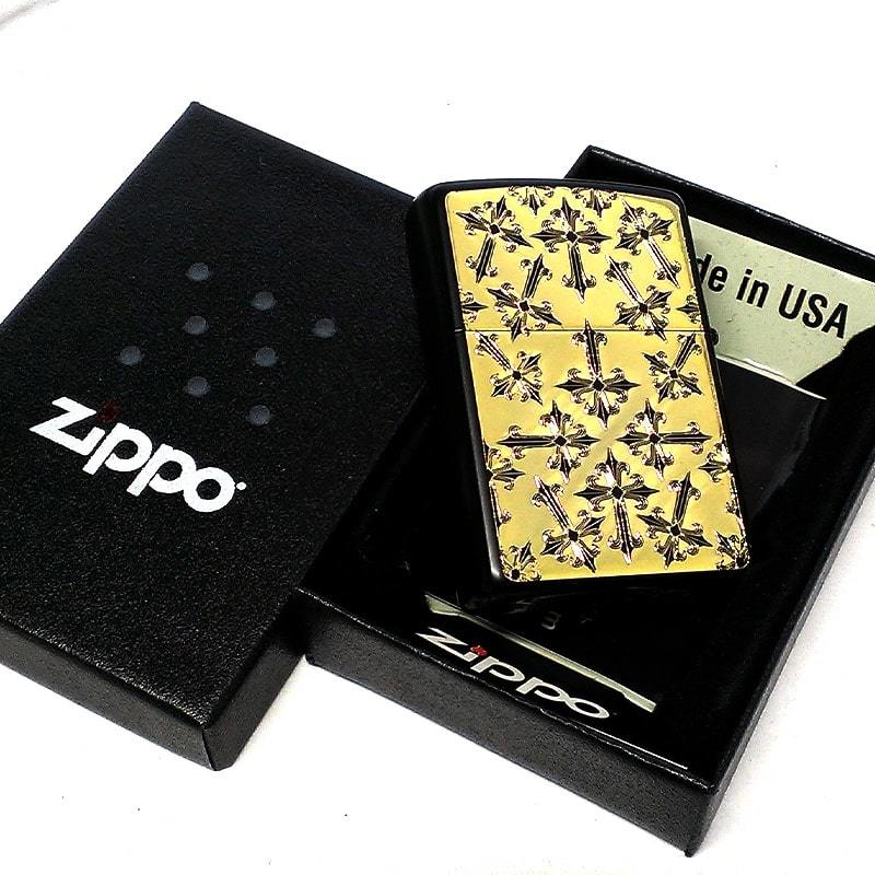 ZIPPO ライター クロス ジッポ 十字架 ブラック×ゴールド かっこいい 金差し 両面加工 逆エッチング 艶消し黒 ギフト プレゼント メンズ_画像5