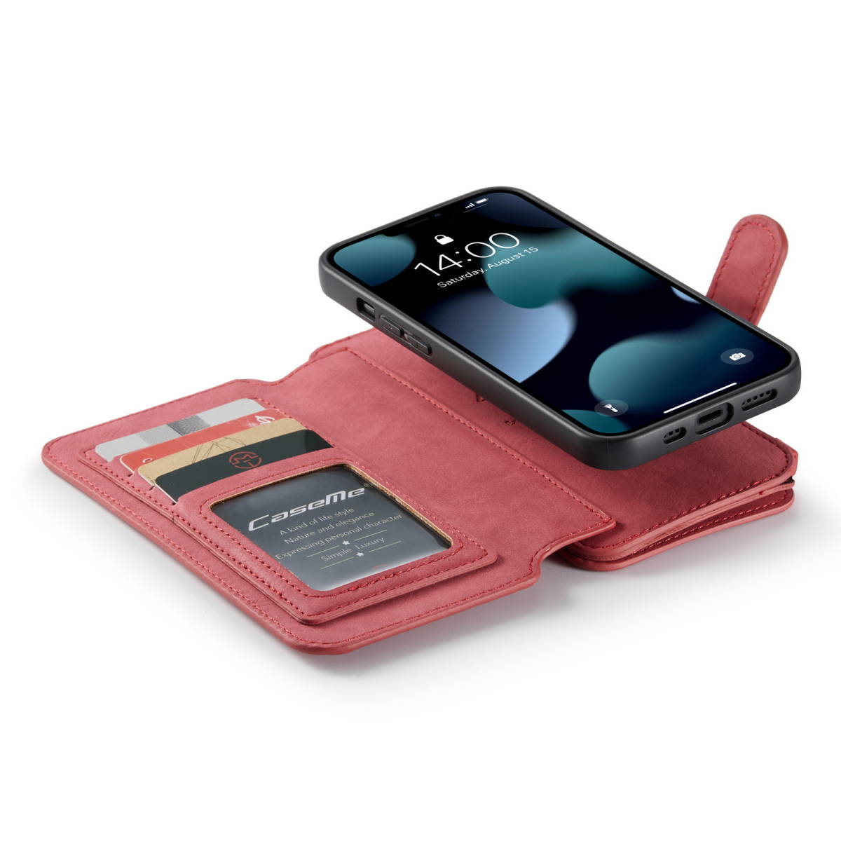 iPhone 13 mini レザーケース iPhone13 mini ケース アイフォン13 ミニ カバー 手帳型 カード収納 ファスナー付き 財布型 レッド1_画像3