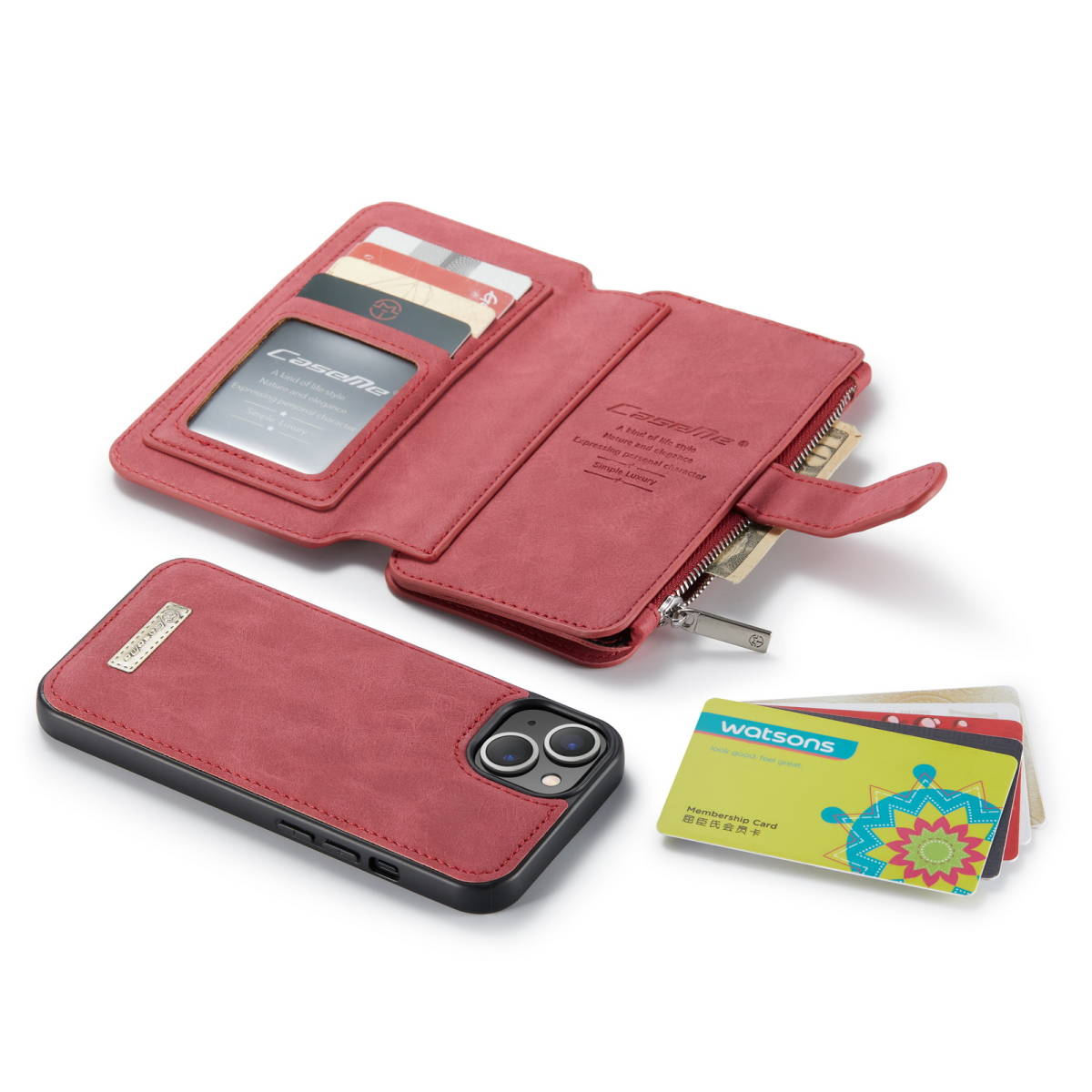 iPhone 13 mini レザーケース iPhone13 mini ケース アイフォン13 ミニ カバー 手帳型 カード収納 ファスナー付き 財布型 レッド1_画像4