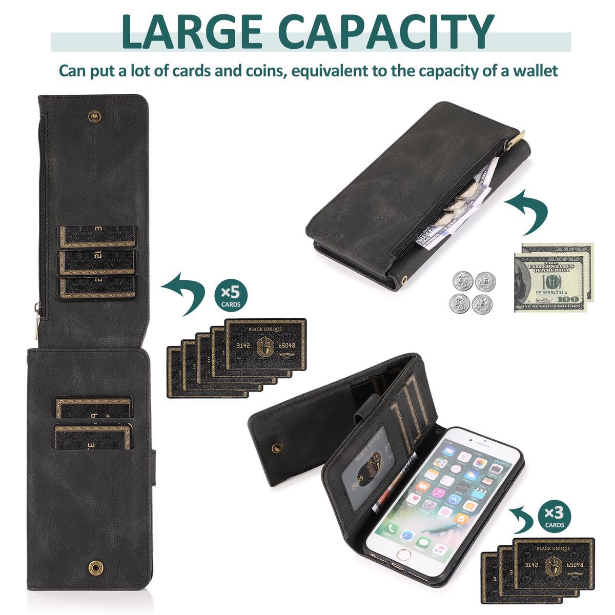 iPhone SE2(第2世代) ケース iphone7 レザーケース iphone SE3 ケース アイフォン7/8 レザーケース 手帳型 カード収納 お財布付き ブラック