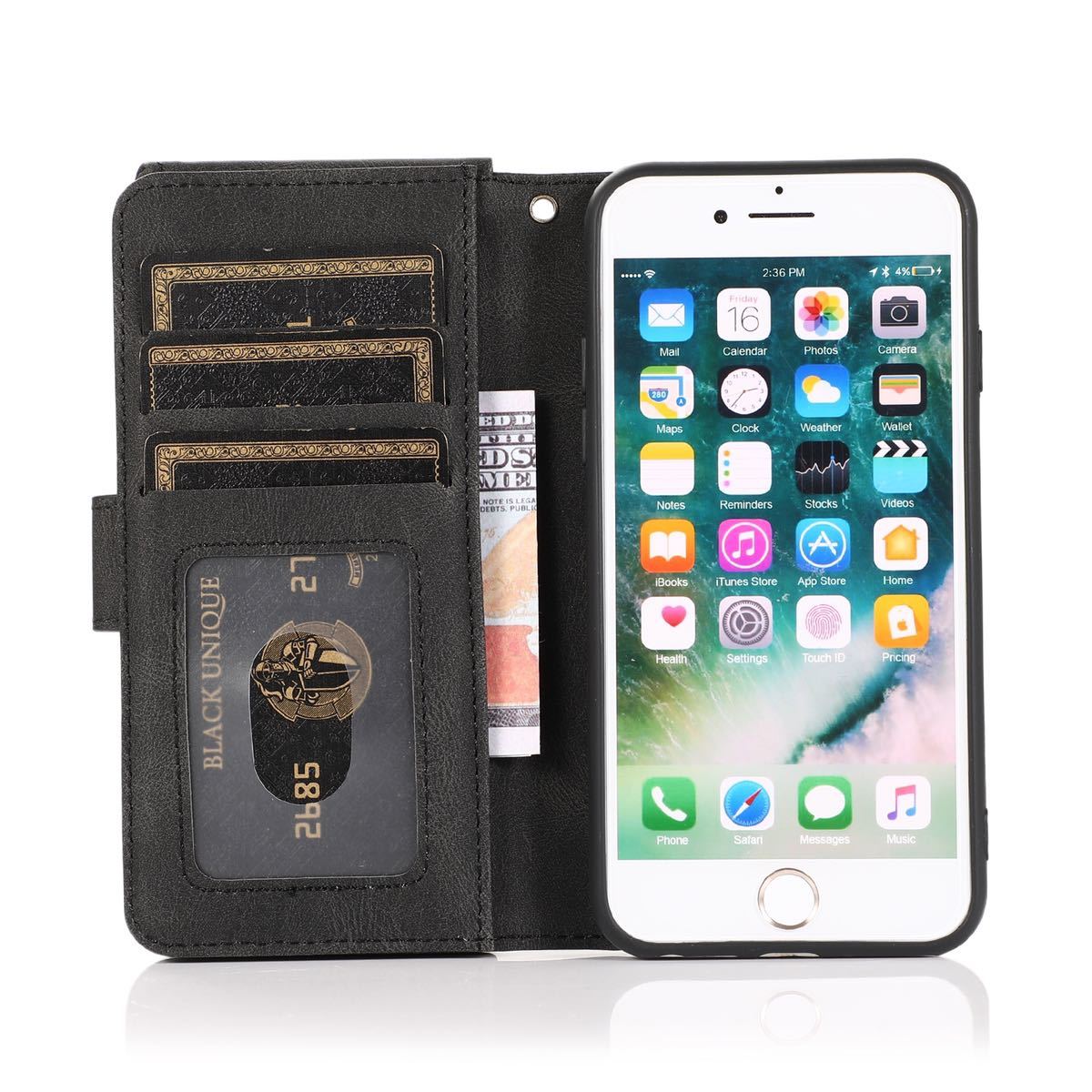 iPhone SE2(第2世代) ケース iphone7 レザーケース iphone SE3 ケース アイフォン7/8 レザーケース 手帳型 カード収納 お財布付き ブラックの画像5