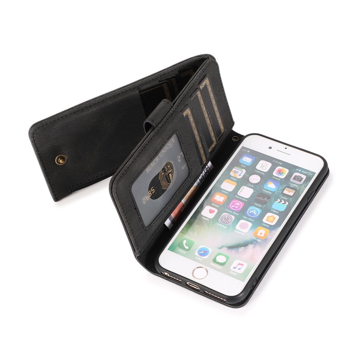 iPhone SE2(第2世代) ケース iphone7 レザーケース iphone SE3 ケース アイフォン7/8 レザーケース 手帳型 カード収納 お財布付き ブラック