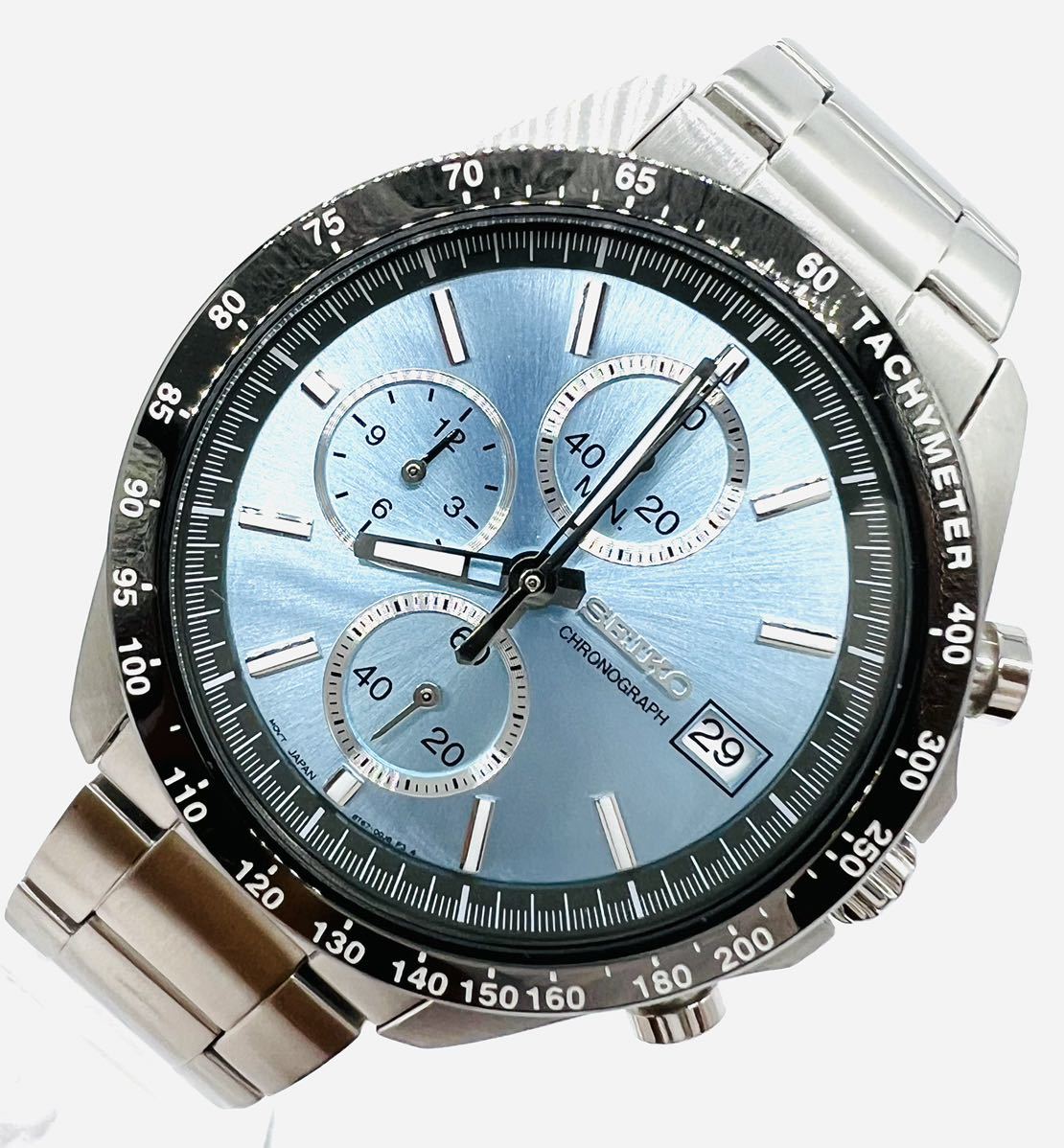 日本産】 セイコー QZ 8T67-00C0 メンズ腕時計 青文字盤 デイト クロノ