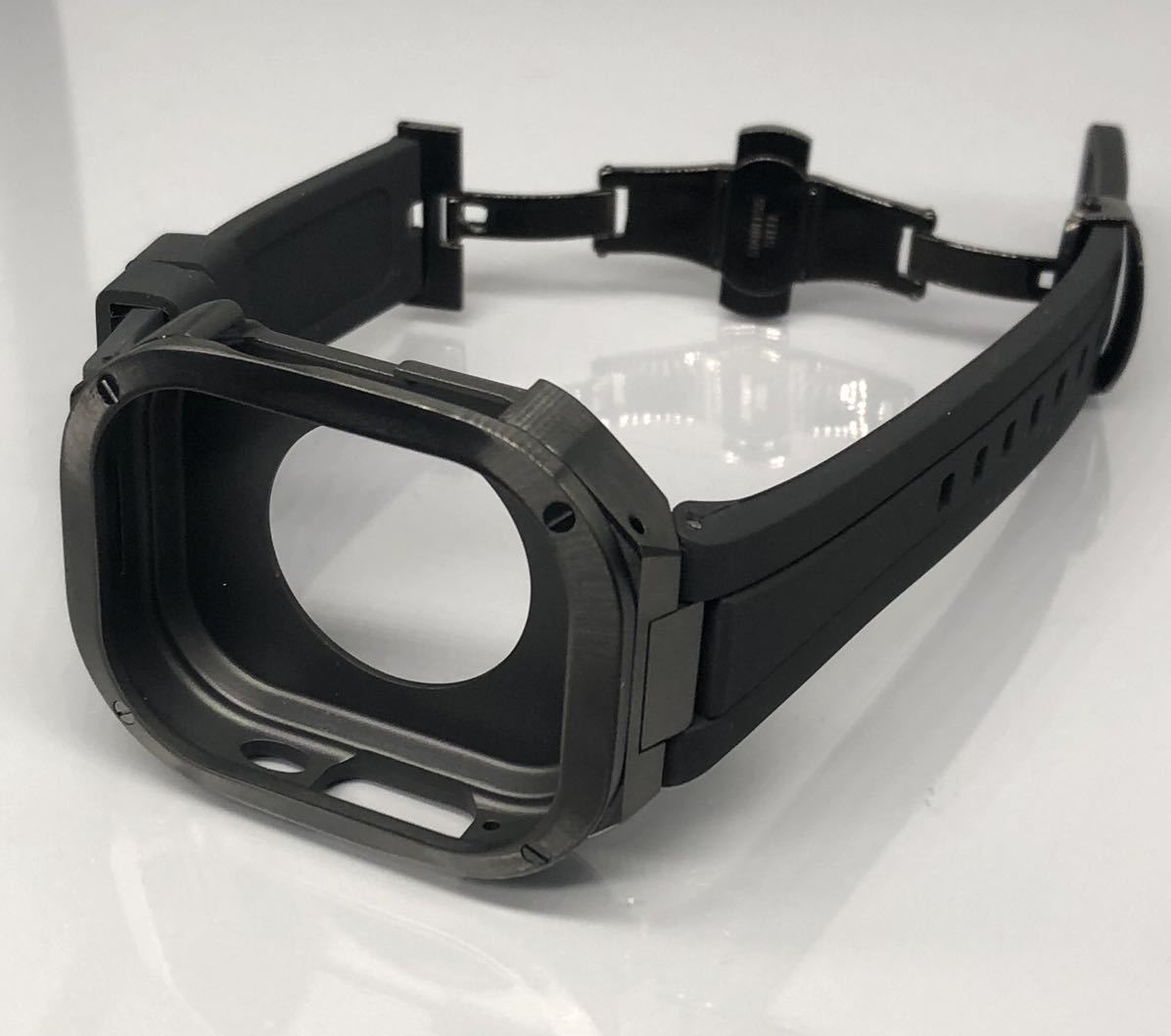 ブラック　ブラック★アップルウォッチバンド ラバーベルト カバー　ステンレス Apple Watch ケース 49mm ウルトラ　ultra