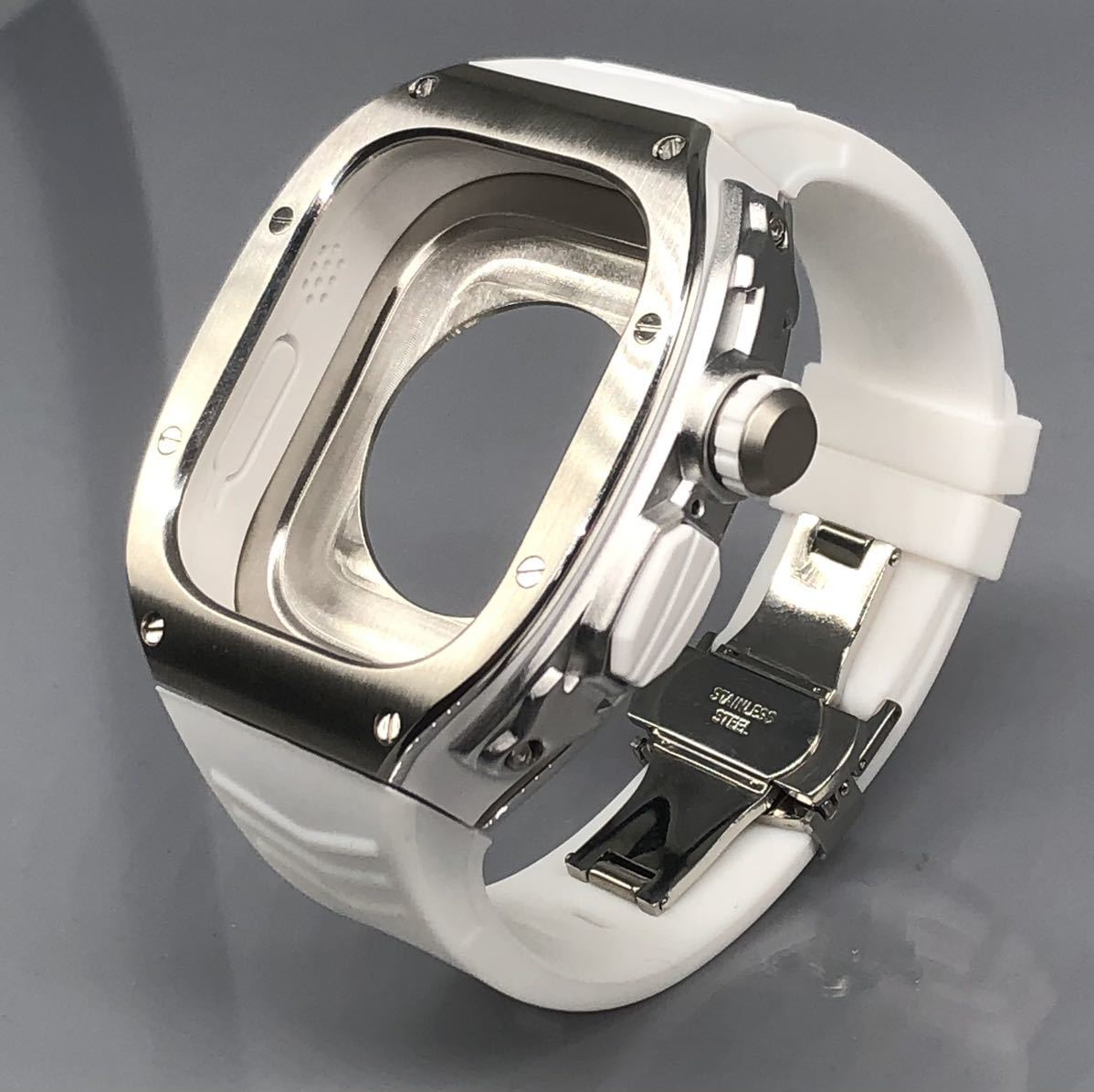 ホワイト　シルバー　 sh★アップルウォッチバンド ラバーベルト カバー　ステンレス Apple Watch ケース 49mm ウルトラ　ultra スポーツ