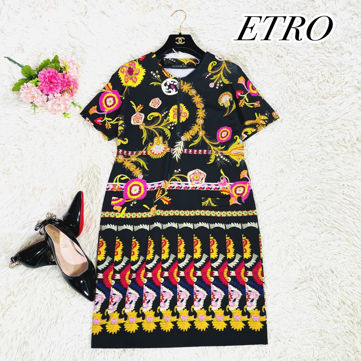 極美品】ETROエトロ ペイズリー柄 半袖ハーフジップ 伸縮性有 ワンピース-