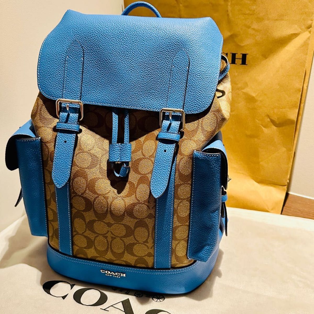 COACH コーチ リュック A4 ハドソン メンズ バックパック HUDSON レザー 革 ブルー シグネチャー カラーブロック