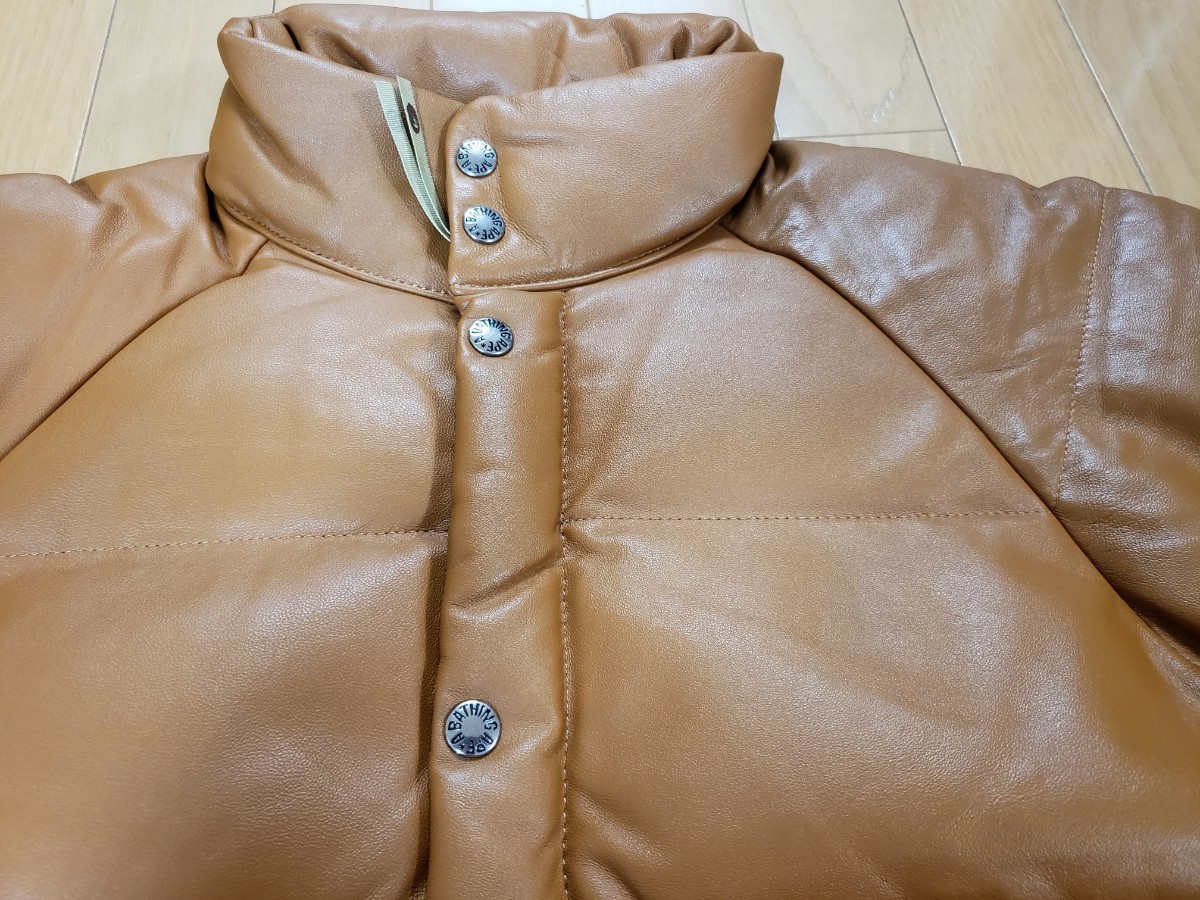  ultra rare S size unused Ape sheepskin down jacket sheep leather A BATHING APE leather Brown Camel draw code equipped lining navy 