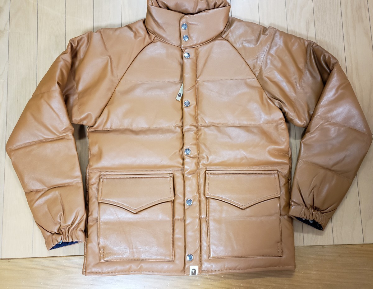  ultra rare S size unused Ape sheepskin down jacket sheep leather A BATHING APE leather Brown Camel draw code equipped lining navy 