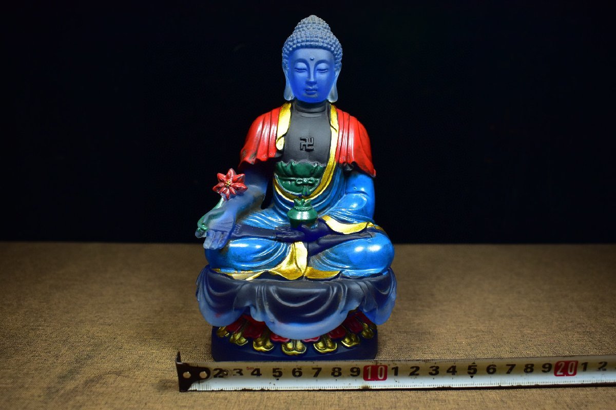 清・乾隆年製款・仏教古美術・琉璃細密彫・描金・彩繪・持塔釋迦牟尼像