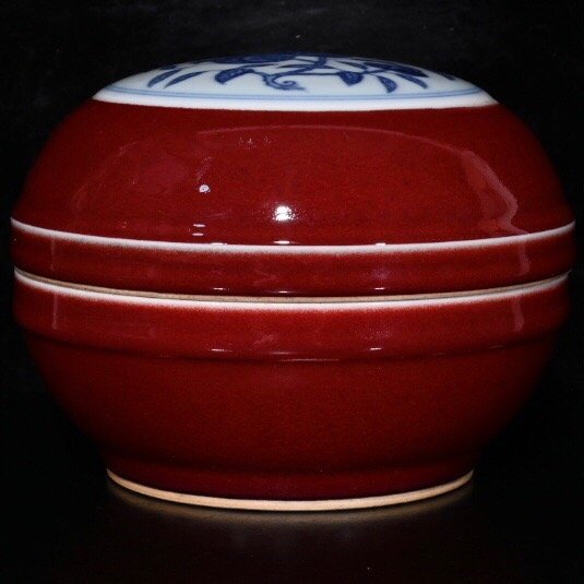 ◆古寳堂◆明 宣德年製款 紅釉 青花 石榴紋 果盒 古陶瓷品 極細工 古置物 古擺件 中国古美術 時代物 古董品
