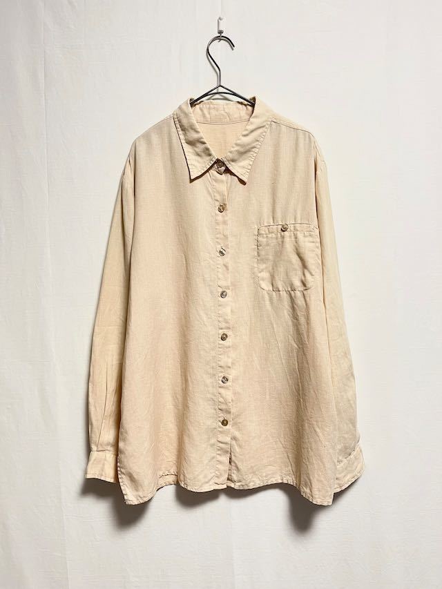 1980〜90's pink beige linen fabric shirt リネンシャツ ビンテージリネン ユーロ_画像2