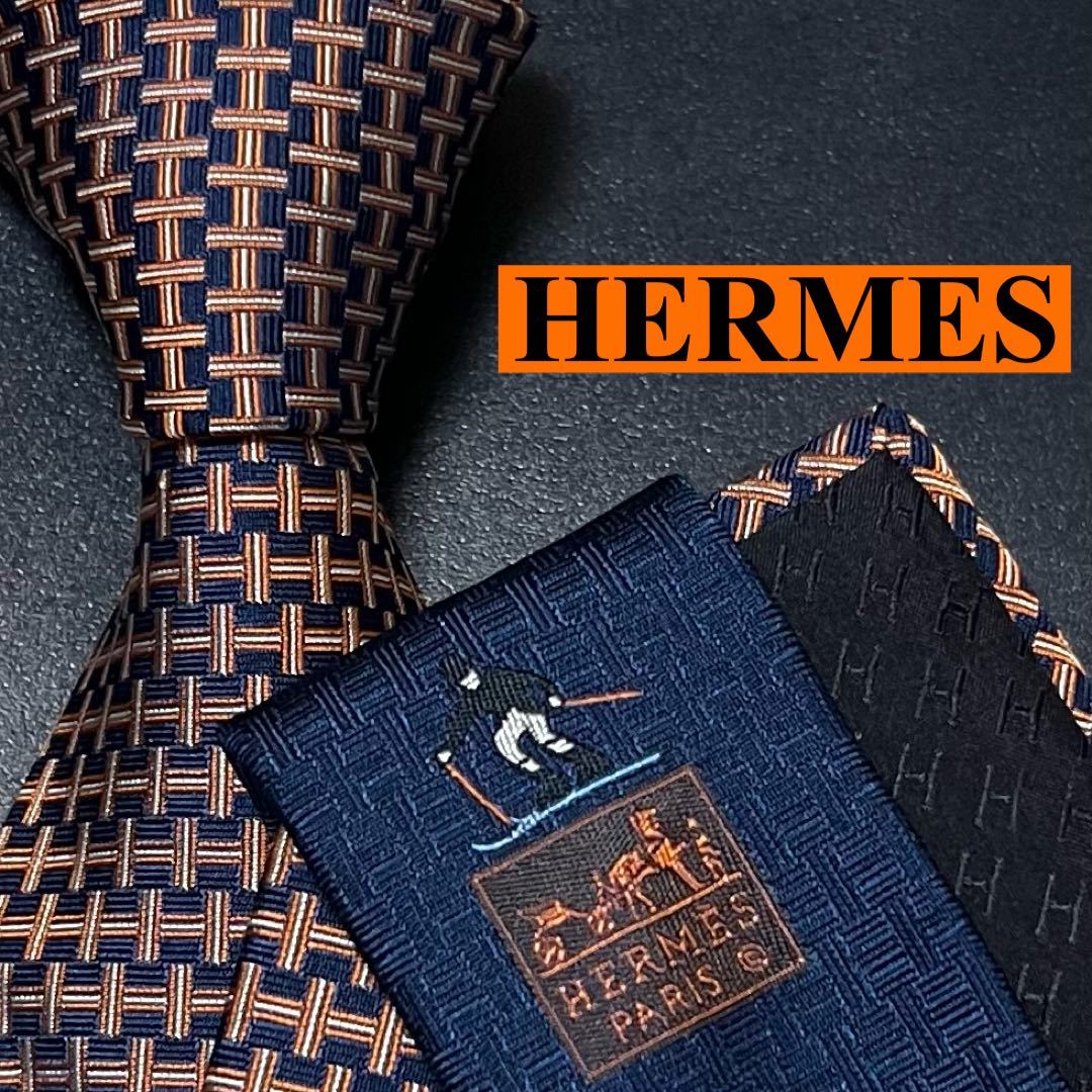 激レア 現行 ネクタイ シルク HERMES エルメス ファソネH H柄 H織 刺繍 ジャガード ワンポイント ソリッド オレンジ ネイビー 紺