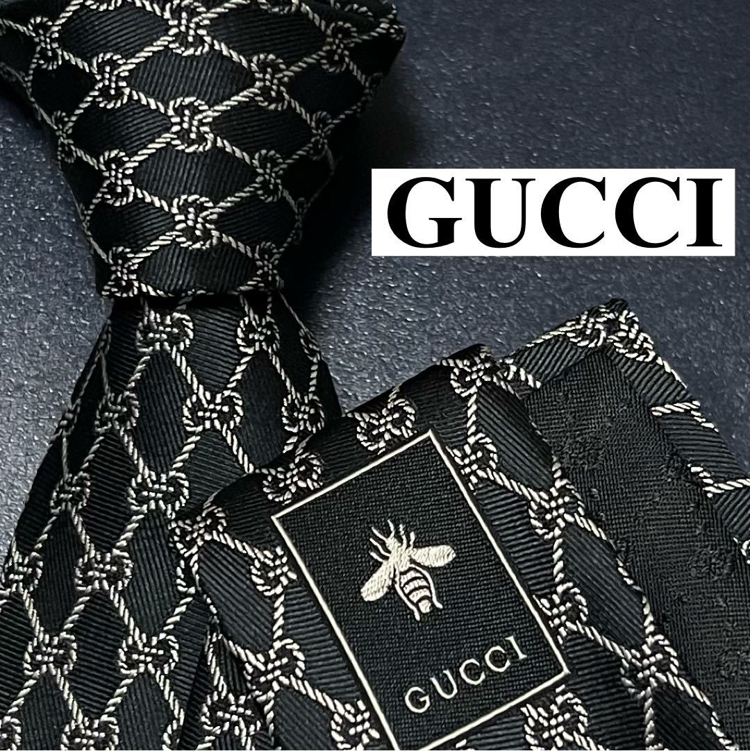 希少 極美品 ネクタイ 現行 GUCCI グッチ シルク100% GG柄 GGライン 蜂