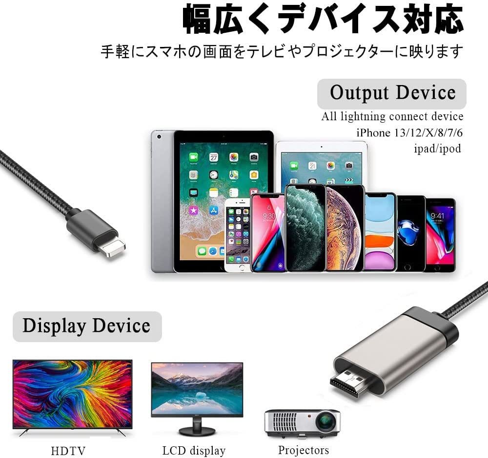 [2023年正規認証品]電源/設定不要 iPhone HDMI変換ケーブル 金属制 2m iPhone HDMI lightning HDMI 変換ケーブル 日本語説明書 設定不要