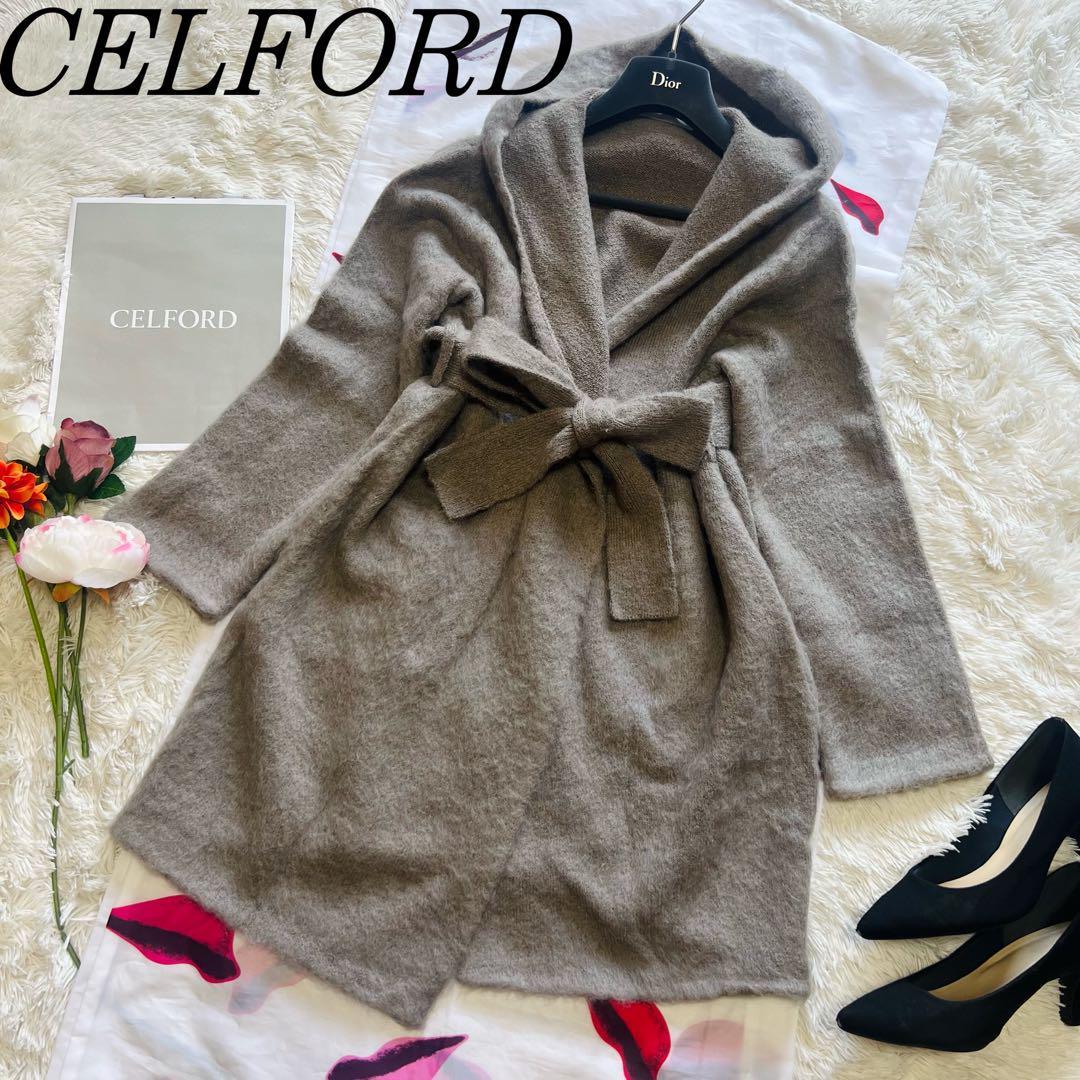 美品】CELFORD ニットカーディガン ベージュ ベルト フリーサイズ-