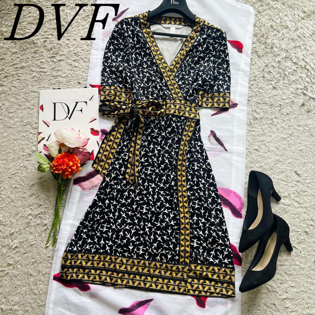 【良品】DIANEvonFURSTENBERG シルクラップワンピース 総柄 4 ダイアンフォンファステンバーグ L DVF 黒 ブラック カシュクール Vネック_画像1