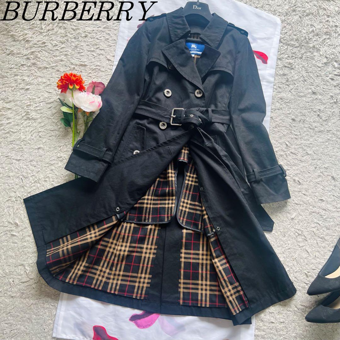 【良品】BURBERRY BLUE LABEL ロングトレンチコート 38 バーバリーブルーレーベル M 黒 ブラック ライトアウター