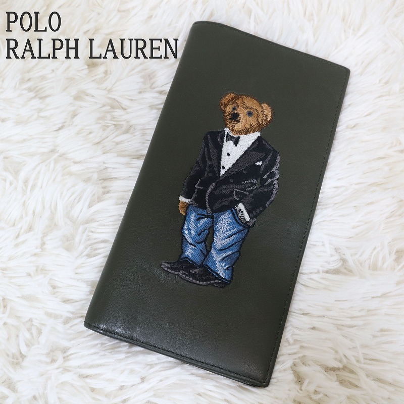 希少 美品 POLO RALPH LAUREN ポロラルフローレン 長財布 ロングウォレット ベア刺繍 ポロベア レザー 折り財布 モスグリーン  チェック柄