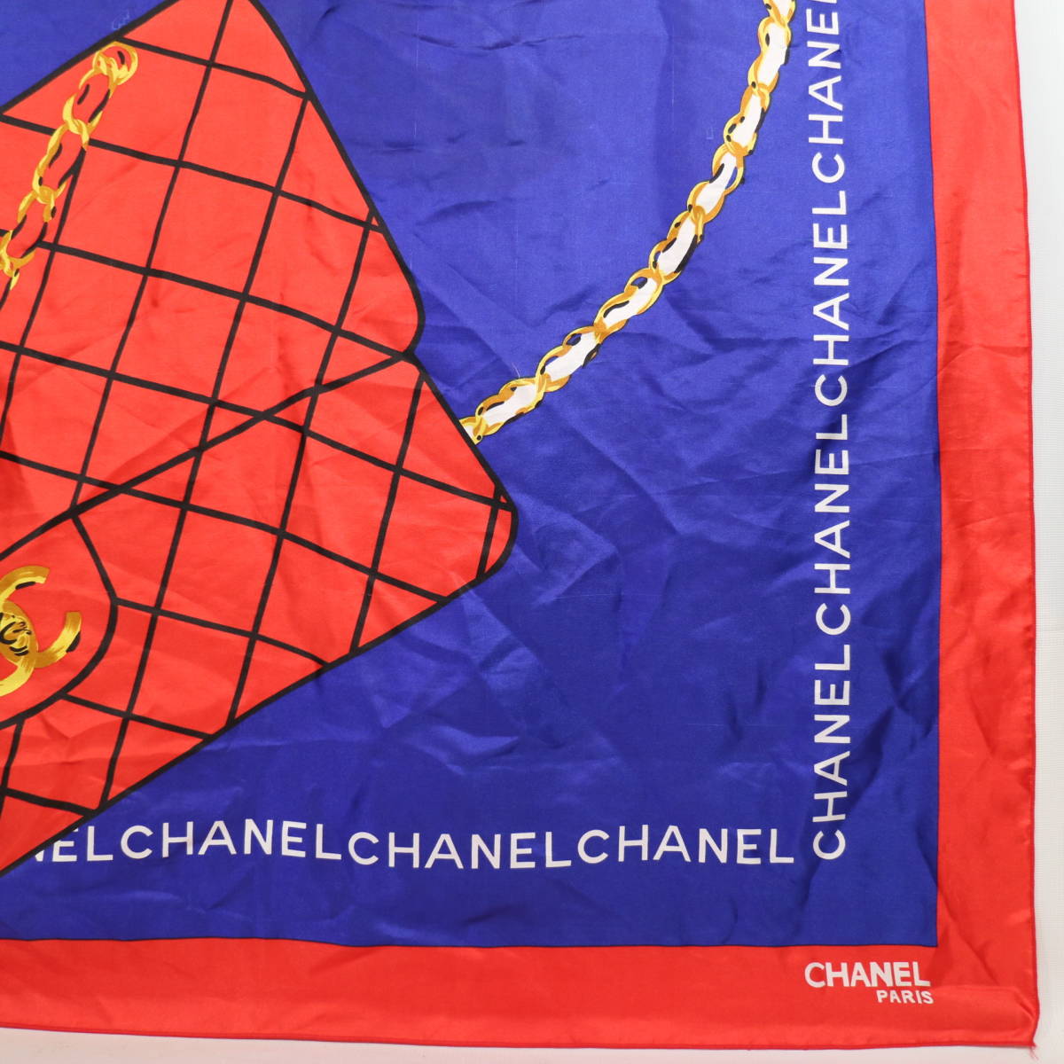 USED CHANEL シャネル 大判スカーフ バッグ柄 ココマーク ブルーｘレッド ブランド 服飾小物 レディース ハンカチ バンダナ_画像5