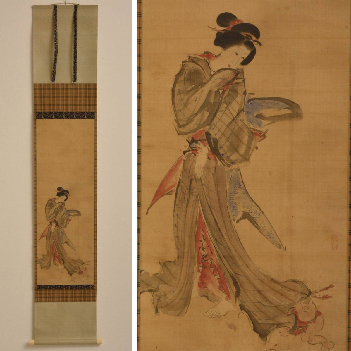 B13286 女性と童図 掛軸:真作-